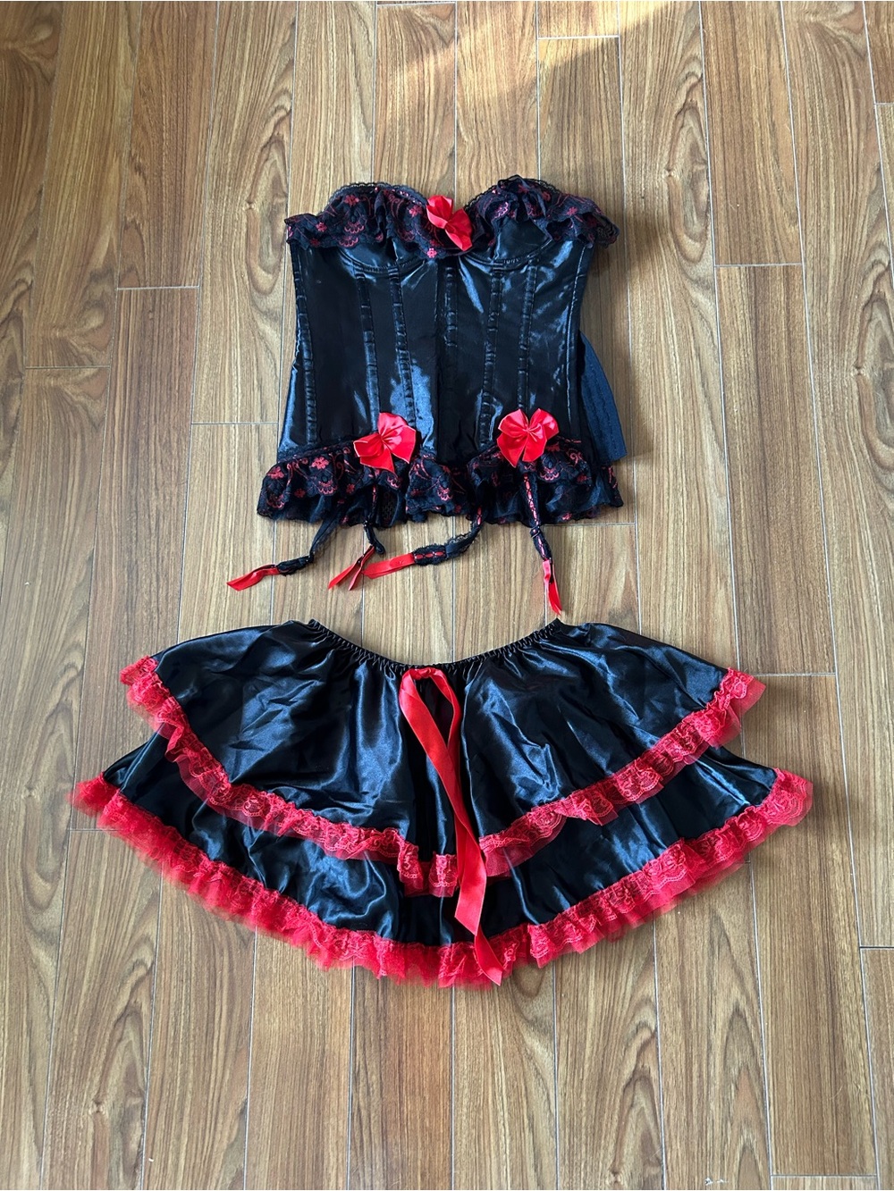 Gothic Red Black Corset Bustier and Layered Ruffle Skirt Set Size L
